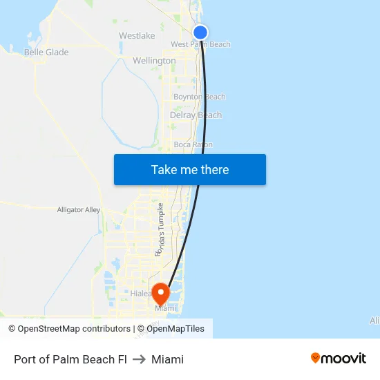 Port of Palm Beach Fl to Miami map