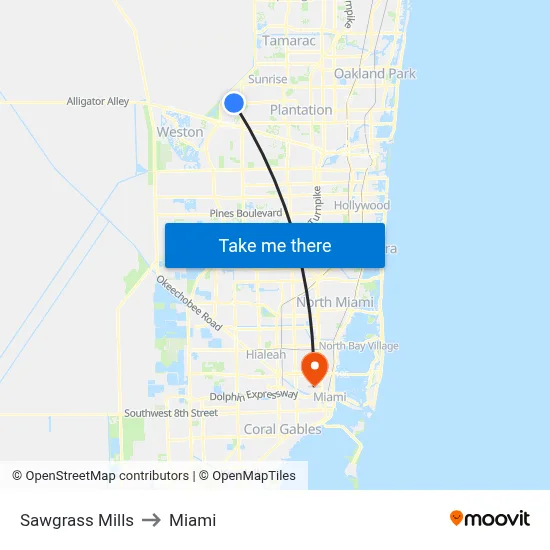 Sawgrass Mills to Miami map