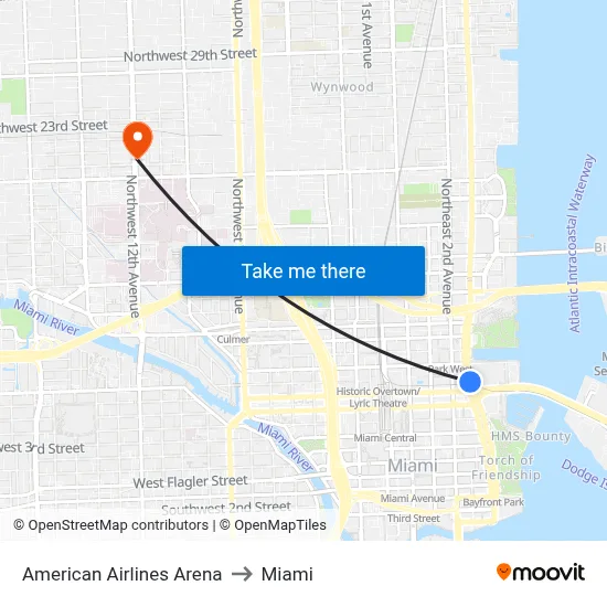 American Airlines Arena to Miami map