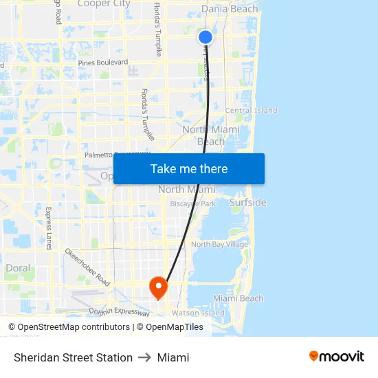 Sheridan Street Station to Miami map