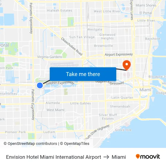 Envision Hotel Miami International Airport to Miami map