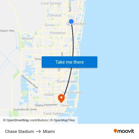 Chase Stadium to Miami map