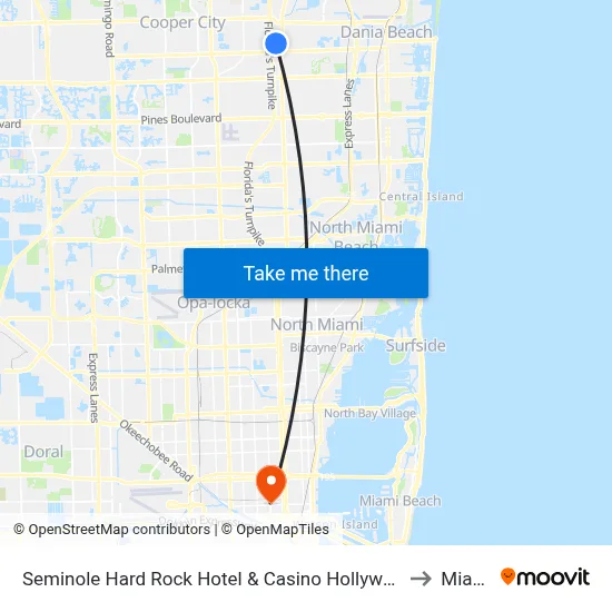 Seminole Hard Rock Hotel & Casino Hollywood to Miami map