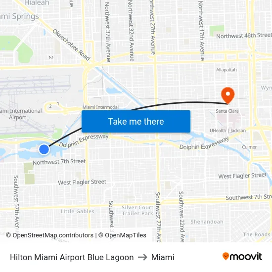 Hilton Miami Airport Blue Lagoon to Miami map