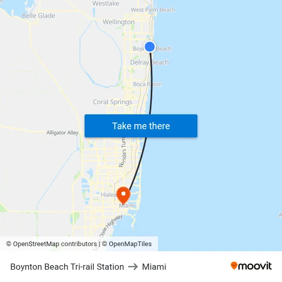 Boynton Beach Tri-rail Station to Miami map