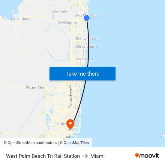 West Palm Beach Tri-Rail Station to Miami map