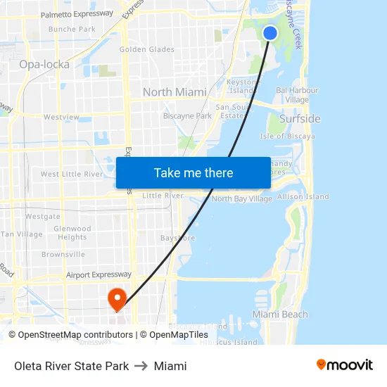 Oleta River State Park to Miami map