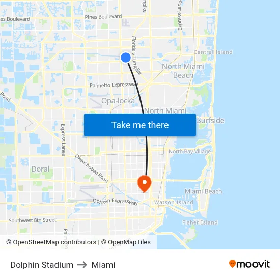 Dolphin Stadium to Miami map