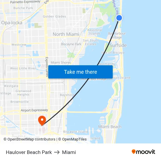 Haulover Beach Park to Miami map