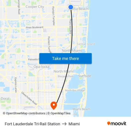 Fort Lauderdale Tri-Rail Station to Miami map