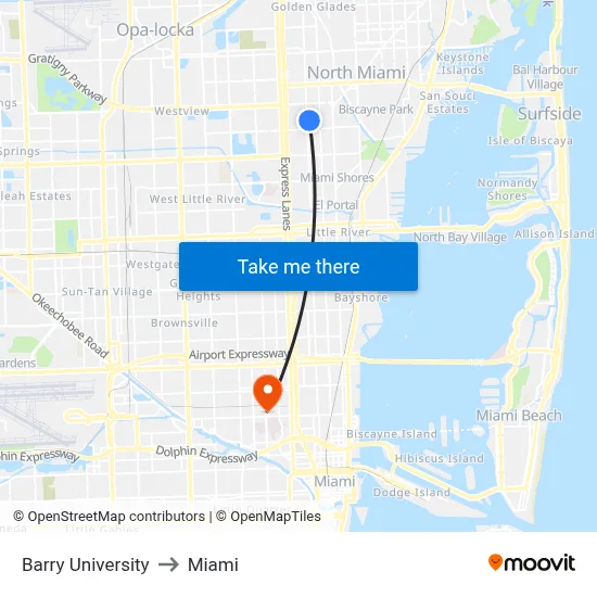 Barry University to Miami map