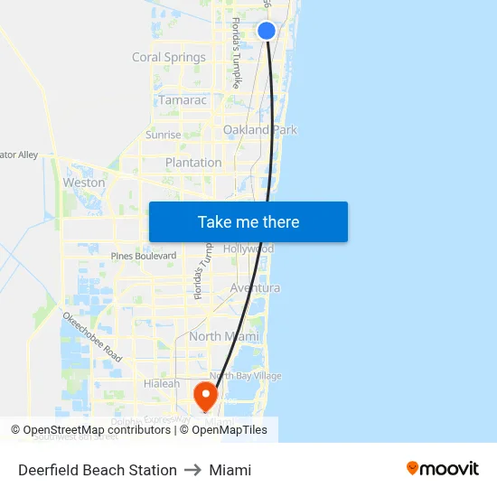 Deerfield Beach Station to Miami map