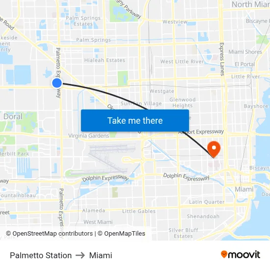 Palmetto Station to Miami map
