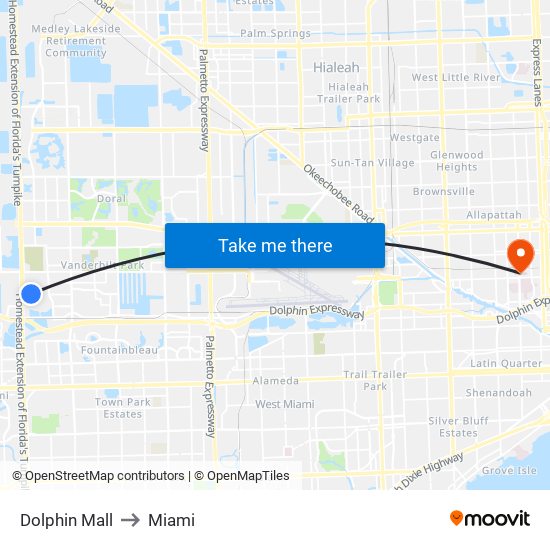 Dolphin Mall to Miami map