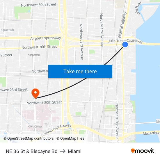 NE 36 St & Biscayne Bd to Miami map