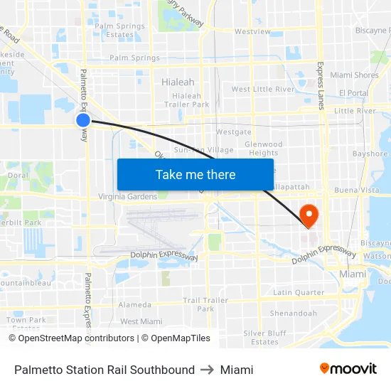 Palmetto Station Rail Southbound to Miami map