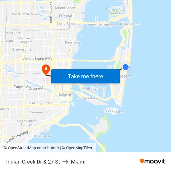 Indian Creek Dr & 27 St to Miami map