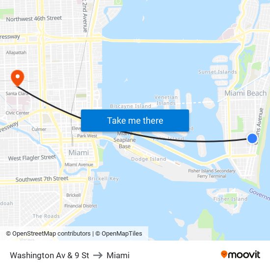 Washington Av & 9 St to Miami map