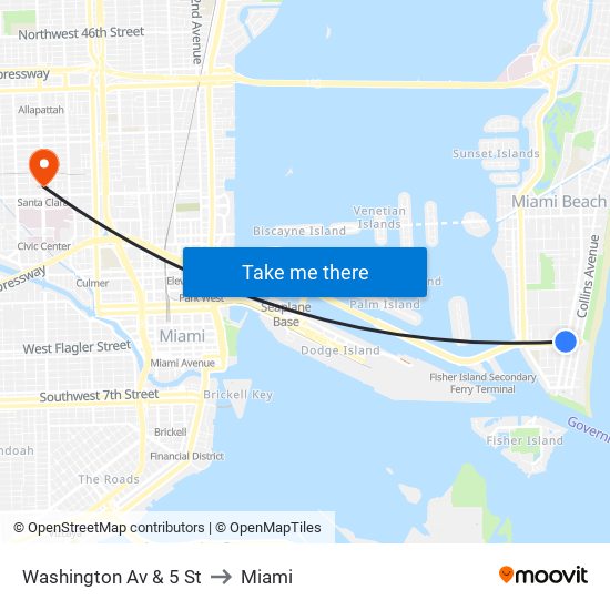 Washington Av & 5 St to Miami map