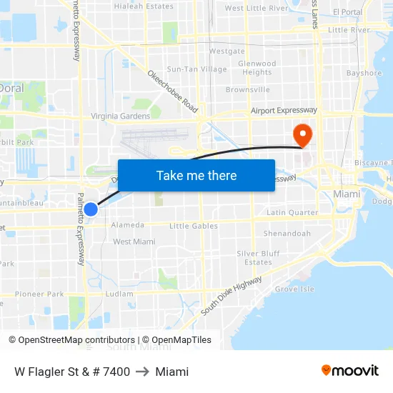 W Flagler St & # 7400 to Miami map