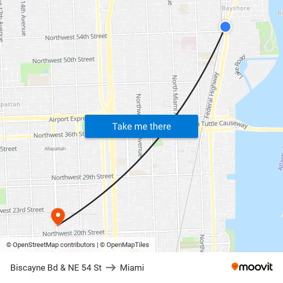 Biscayne Bd & NE 54 St to Miami map