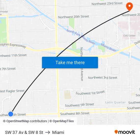 SW 37 Av & SW 8 St to Miami map