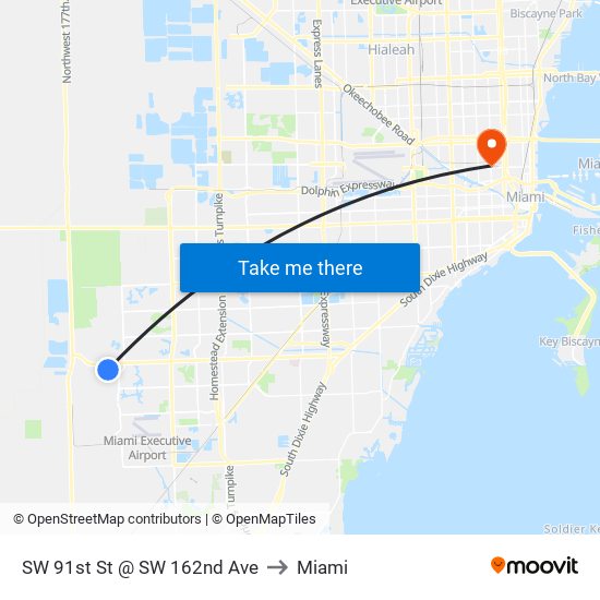 SW 91st St @ SW 162nd Ave to Miami map