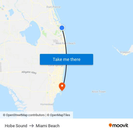 Hobe Sound to Miami Beach map
