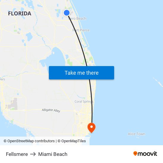 Fellsmere to Miami Beach map