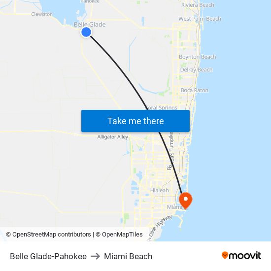 Belle Glade-Pahokee to Miami Beach map