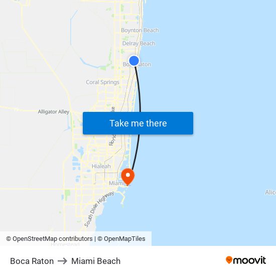 Boca Raton to Miami Beach map