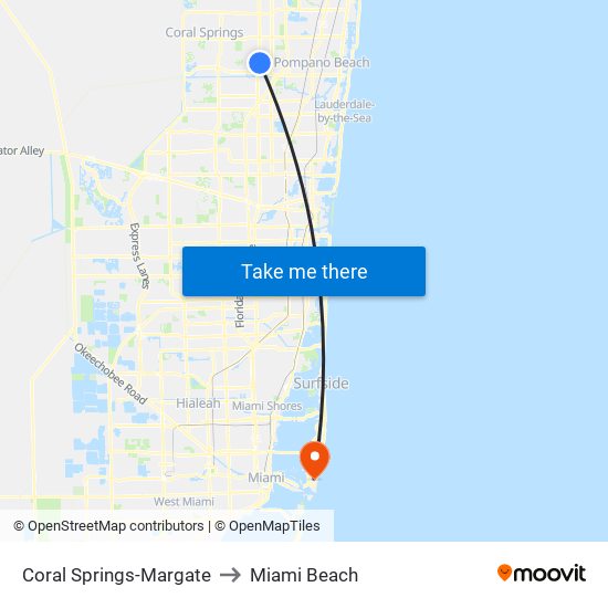 Coral Springs-Margate to Miami Beach map