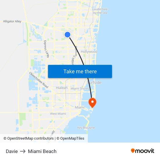 Davie to Miami Beach map