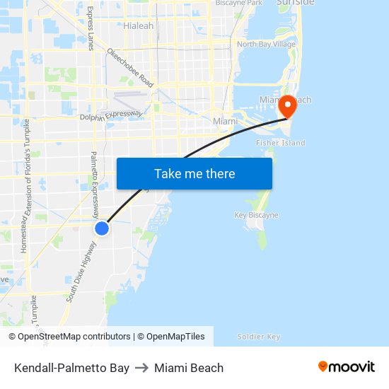 Kendall-Palmetto Bay to Miami Beach map