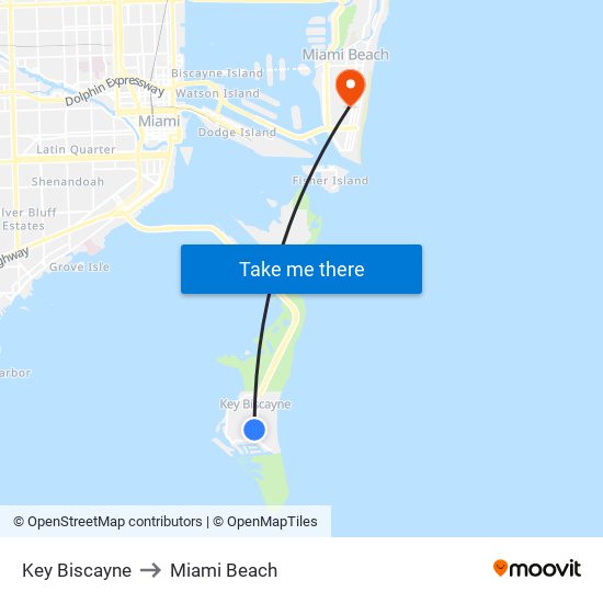 Key Biscayne to Miami Beach map