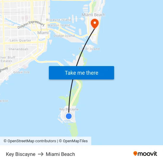 Key Biscayne to Miami Beach map