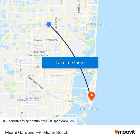 Miami Gardens to Miami Beach map