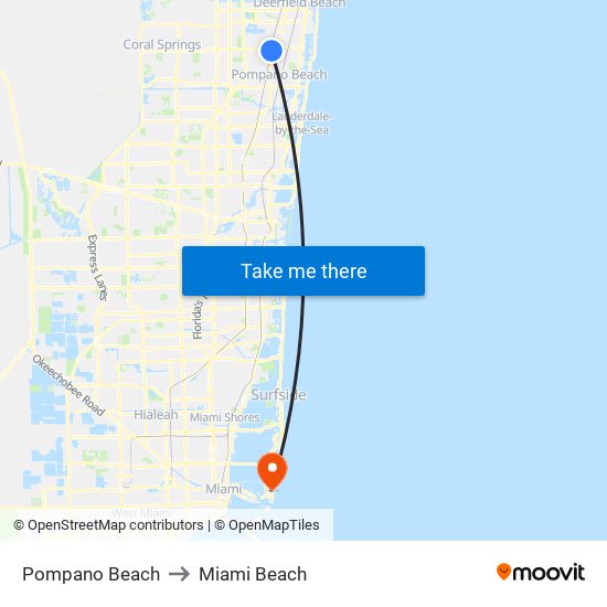 Pompano Beach to Miami Beach map