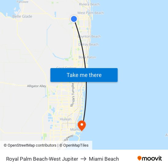 Royal Palm Beach-West Jupiter to Miami Beach map