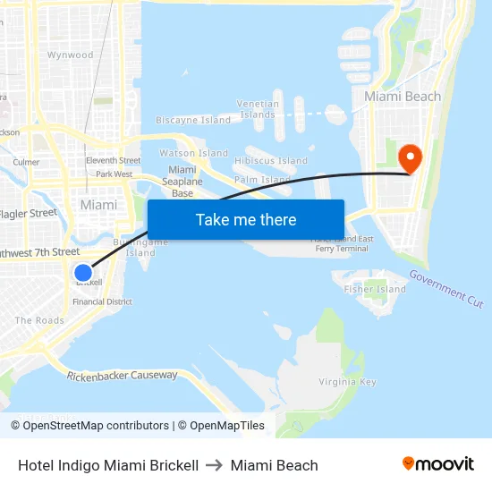 Hotel Indigo Miami Brickell to Miami Beach map