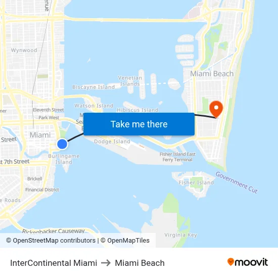 InterContinental Miami to Miami Beach map