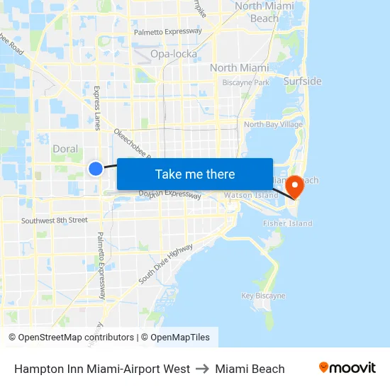 Hampton Inn Miami-Airport West to Miami Beach map