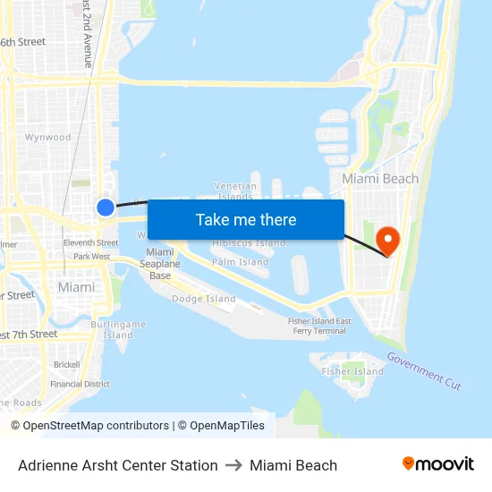 Adrienne Arsht Center Station to Miami Beach map