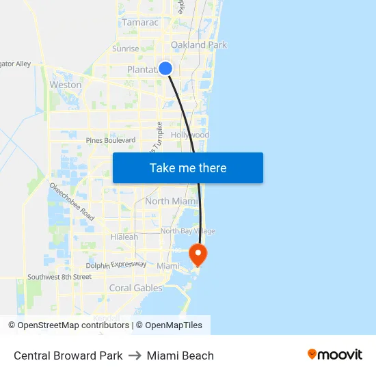 Central Broward Park to Miami Beach map