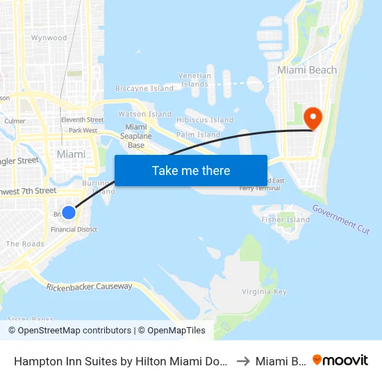 Hampton Inn Suites by Hilton Miami Downtown Brickell to Miami Beach map