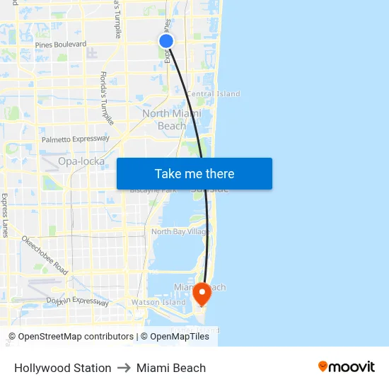 Hollywood Station to Miami Beach map