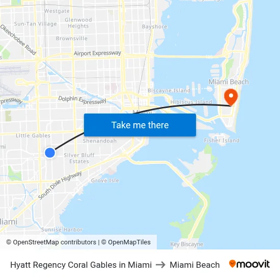 Hyatt Regency Coral Gables in Miami to Miami Beach map