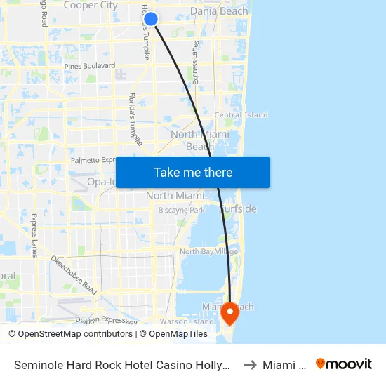 Seminole Hard Rock Hotel Casino Hollywood Fort Lauderdale to Miami Beach map