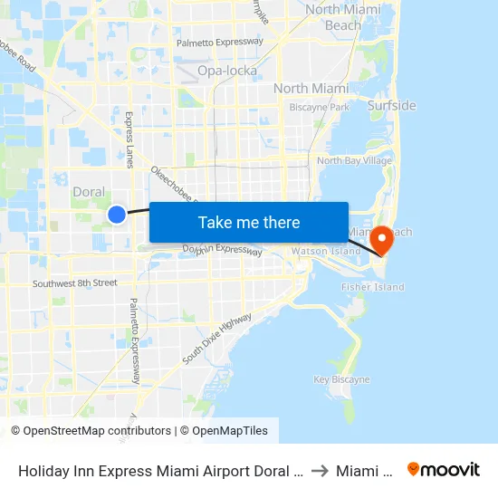 Holiday Inn Express Miami Airport Doral Area an IHG Hotel to Miami Beach map