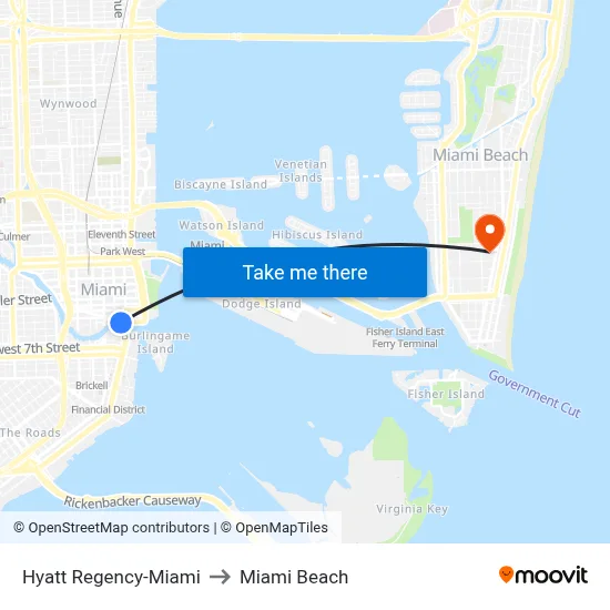 Hyatt Regency-Miami to Miami Beach map